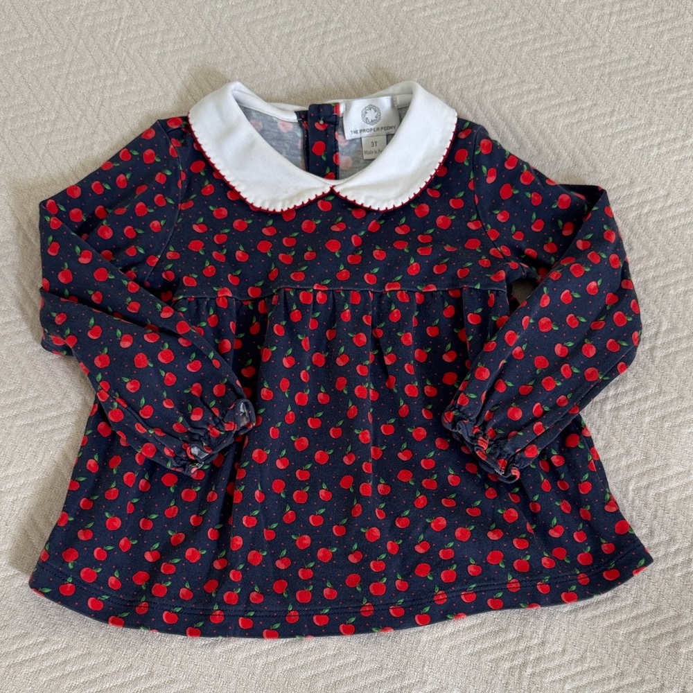 The Proper Peony Navy Top with Red Apple Print and White Peter Pan Collar